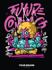 Future Coming A dynamic graffiti character illustration with layered shapes and a 3D depth effect, bringing an energetic and eye-catching urban look. Ideal for T-shirt graphics, street art-inspired br