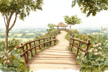 Fototapeta premium A beautiful painting depicting a serene wooden bridge adorned with colorful flowers