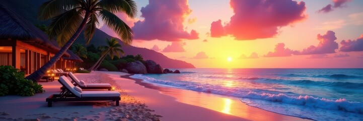 Fototapeta premium Serene sunset beach resort, digital painting Tranquil ocean view , resort, tranquil
