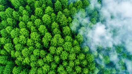 Aerial view of lush green trees interspersed with wispy clouds, showcasing a vibrant and healthy forest ecosystem.