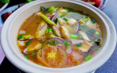 Thai north eastern spicy soup close up shot