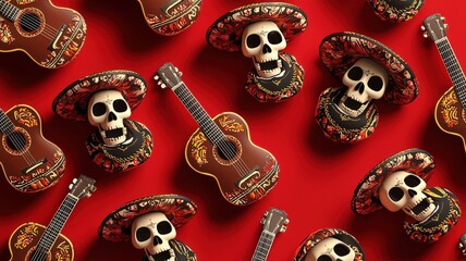 Fototapeta premium A seamless pattern of cute cartoon skulls wearing sombreros and playing guitars. A fun Dia de los Muertos (Day of the Dead) design.