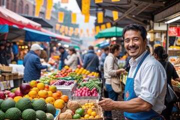 Obraz premium Smiling vendor at bustling fruit market in autumn