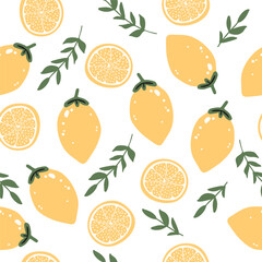 Lemon slices seamless pattern. Cute yellow lemon slices. Citrus fruit background. Summer bright colors, juicy fresh background, design elements. Tasty summer background. Vector color illustration.