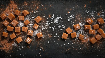 Salted caramel candies with cocoa on a dark background, flat lay style. Great for blog posts about desserts and tasty homemade sweets.