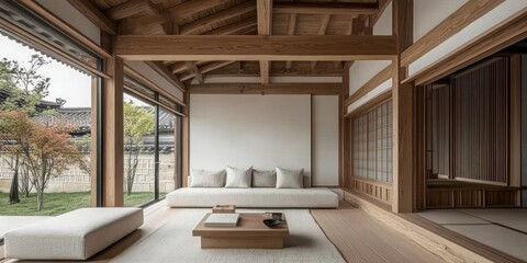 Naklejka premium A Modern Living Room Inside a Wooden Japanese Style Residence