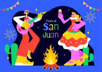 Fiesta de San Juan Vector Illustration Featuring the Celebration of Saint John's Feast with Bonfire, Fireworks, and Decorative Flags in a Background