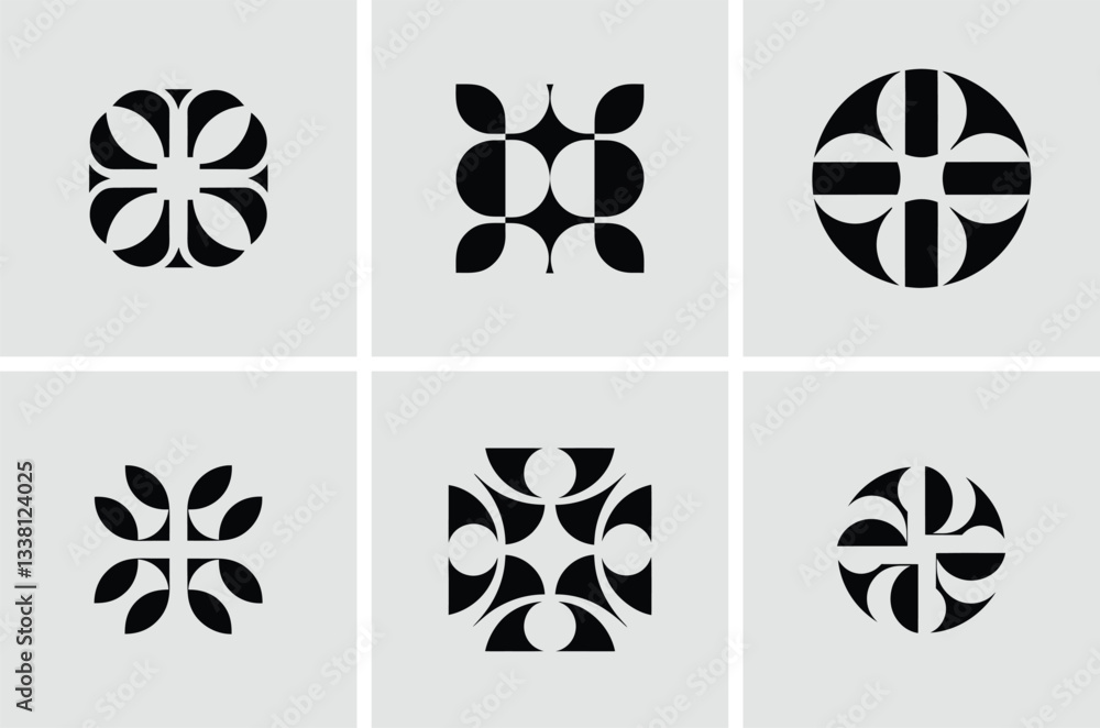 Aufkleber abstract design elements: six minimalist black and white abstract design elements on a subtle light 
