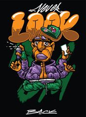 A vibrant and detailed graffiti-style illustration featuring a cool street art character wearing a snapback, hoodie, and sunglasses. The bold colors and urban aesthetic make this vector artwork perfec