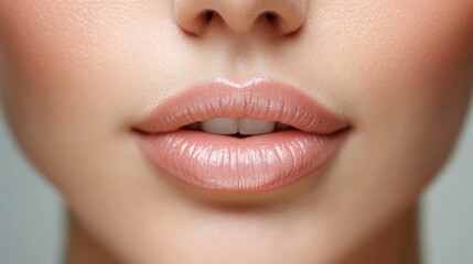 Fototapeta premium close up beautiful pretty woman's lip with nude color lipstick with gentle smile, beauty and cosmetic ad concept 