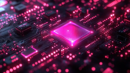 Fototapeta premium Glowing pink processor unit on a dark motherboard for tech advancements