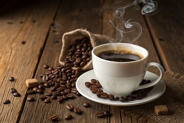 White coffee cup with coffee and coffee beans on a wooden table