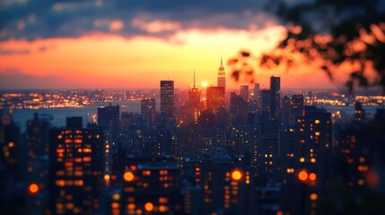 Obraz premium Manhattan Sunset: A Cityscape bathed in Golden Hues