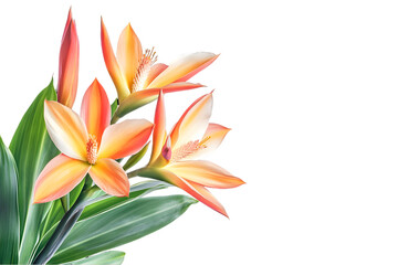 Vibrant Orange and Yellow Flower Blossoms on Transparent Background with Green Leaves Detailed Floral Arrangement for Design Elements