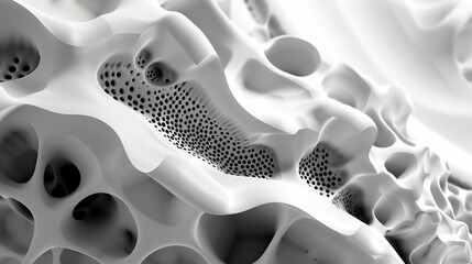 A white and grey image of a bone with holes in it