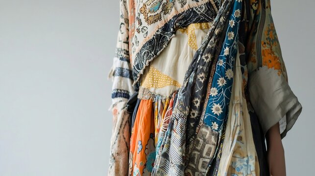 Close-up of a patchwork dress featuring assorted patterns and textures