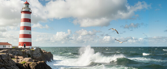 Majestic lighthouse standing tall against crashing waves, nautical symbolism