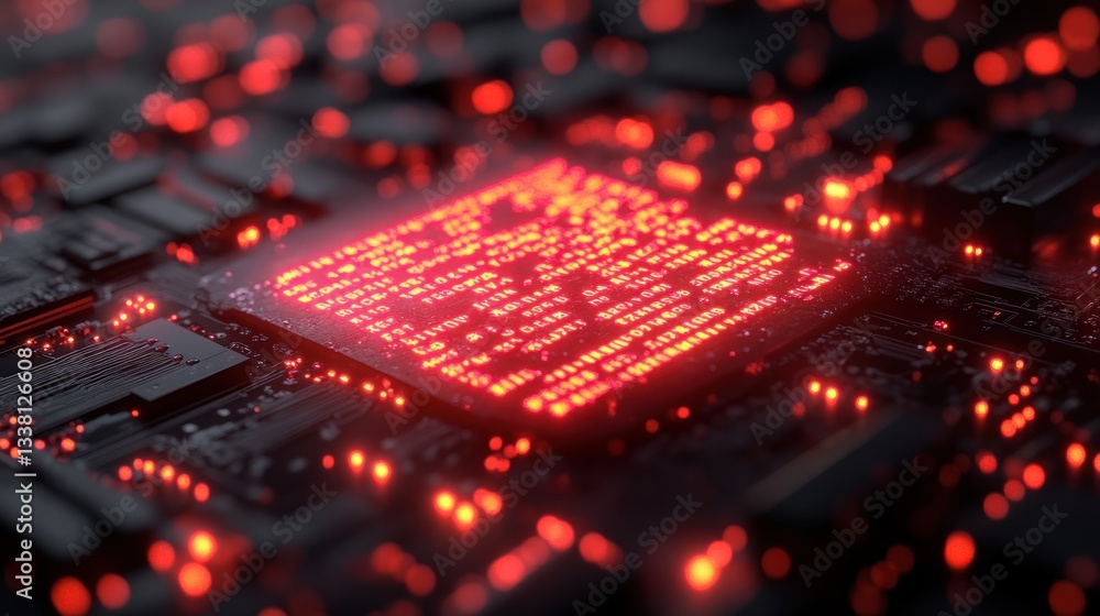 Poster glowing red circuit board: a close-up of a microchip's intricate design
