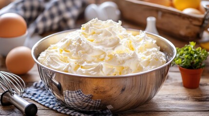 A deep stainless steel mixing bowl with whipped egg whites and a hand mixer nearby