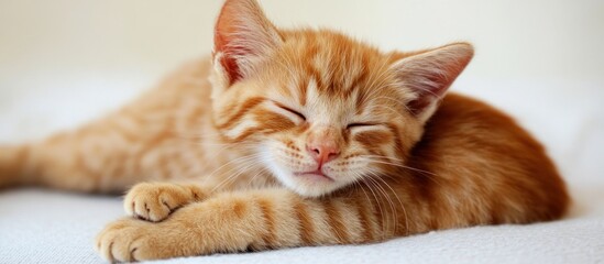 Ginger kitten sweetly asleep on a soft surface in peaceful relaxation