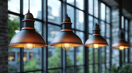 Obraz premium Industrial pendant lights illuminate a restaurant setting with urban view