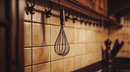 A high-quality whisk with a looped handle hanging on a kitchen wall rack