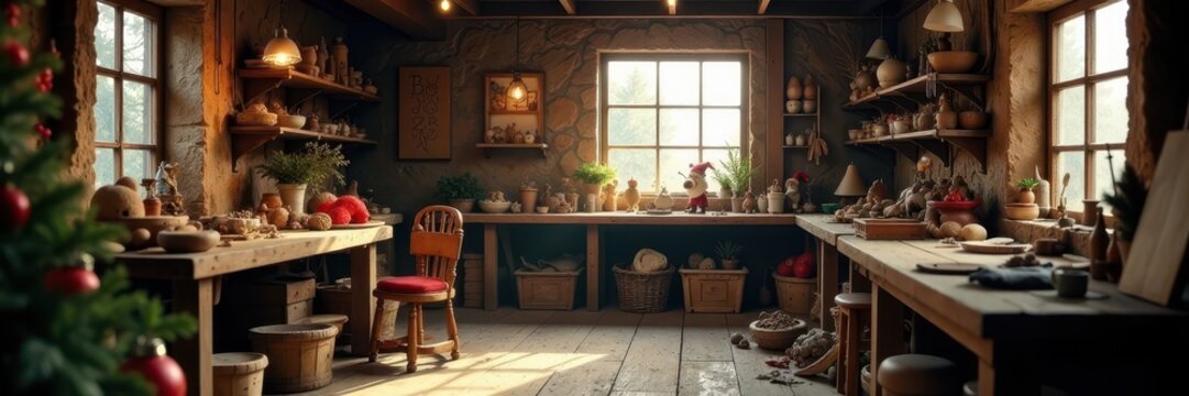 Rustic workshop interior, elves crafting toys, festive chaos , garland, workshop