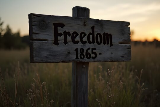 An old wooden sign with "Freedom 1865" carved into it, standing in an overgrown field at dusk.  