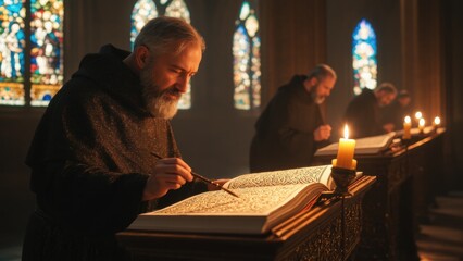 Medieval Monk Scribing Illuminated Manuscript by Candlelight in a Tranquil Monastery Setting
