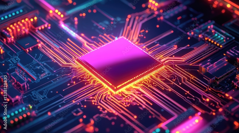 Poster a detailed view of a circuit board showcasing a modern processor surrounded by colorful connections 