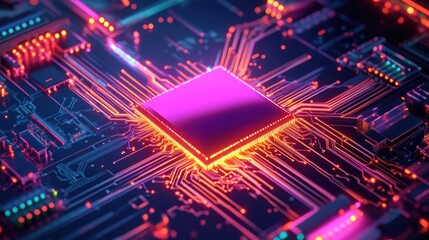 Obraz premium A detailed view of a circuit board showcasing a modern processor surrounded by colorful connections and pathways illuminated by light