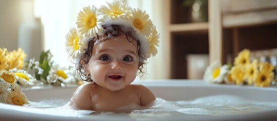 A joyful baby girl with flowers on her head enjoying bubble bath time