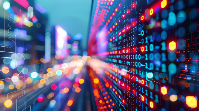 Streams of glowing binary code weaving through a modern