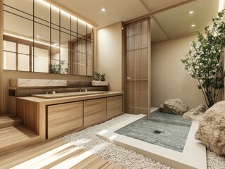 A modern bathroom interior showcases natural light and minimalist design