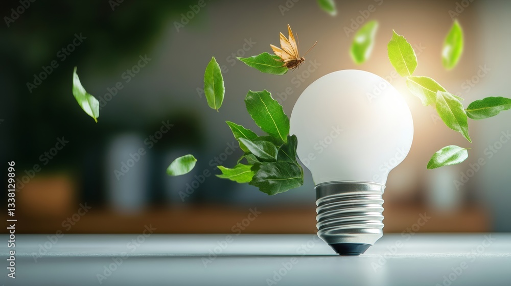Poster light bulb is surrounded by leaves and a bug. the light bulb is lit up and the leaves and bug are fl
