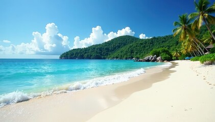 Fototapeta premium White sand beach, gently lapping waves, lush green island backdrop , water, coast