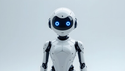 Minimalist white robot with blue eyes, sleek and futuristic design, clean lines, simple and elegant.