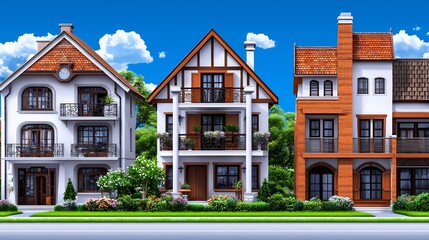 Obraz premium Three charming houses in a row, with lush landscaping, create a peaceful and inviting neighborhood scene.