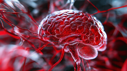 Vascular dementia brain diagnosis. Cognitive decline. Stroke treatment. Blood vessels rehabilitation. Brain issue leading to vascular dementia and blood clot image.