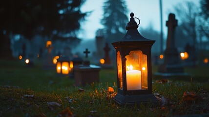 A soft and dreamy cemetery scene at dusk, with hundreds of glowing candlelit lanterns for All Saints' Day creating a peaceful, spiritual atmosphere.