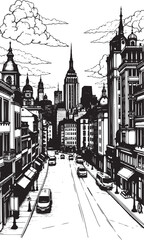 City landscape. Line urban backdrop. Skyline with clouds, different buildings on street, doodle street draw, outline cityscape hand sketch, flat houses. Hand drawn vector illustration