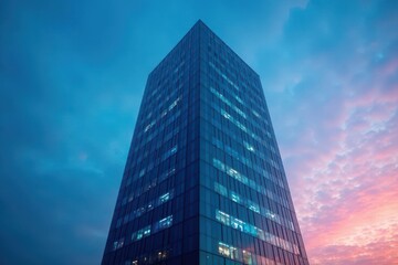 Obraz premium Modern office tower, geometric design, blue hour lighting, office, cityscape