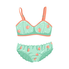 Cartoon women's underwear set. Hand drawn green and orange bra and pajama panties in flat style. Vector illustration on a white background.