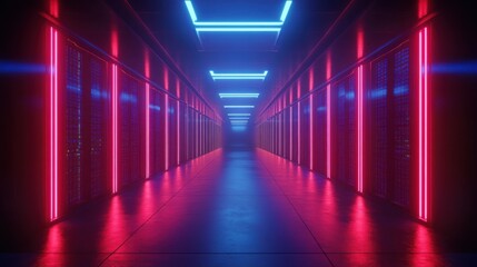 Neon Lit Server Room Corridor: A Digital Metropolis