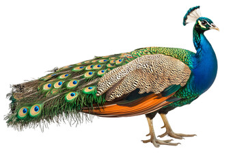 Fototapeta premium Vibrant Peacock with Blue Neck Green Plumage and Detailed Feathers Isolated on Transparent Background Wild Animal with Long Train Colorful Bird Portrait