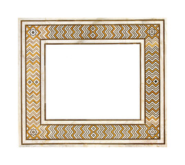 Frame with ancient tile decor on marble wall. Vertical or horizontal border with geometric ornament. Mock up frame template. Copy space for text. Isolated on white background