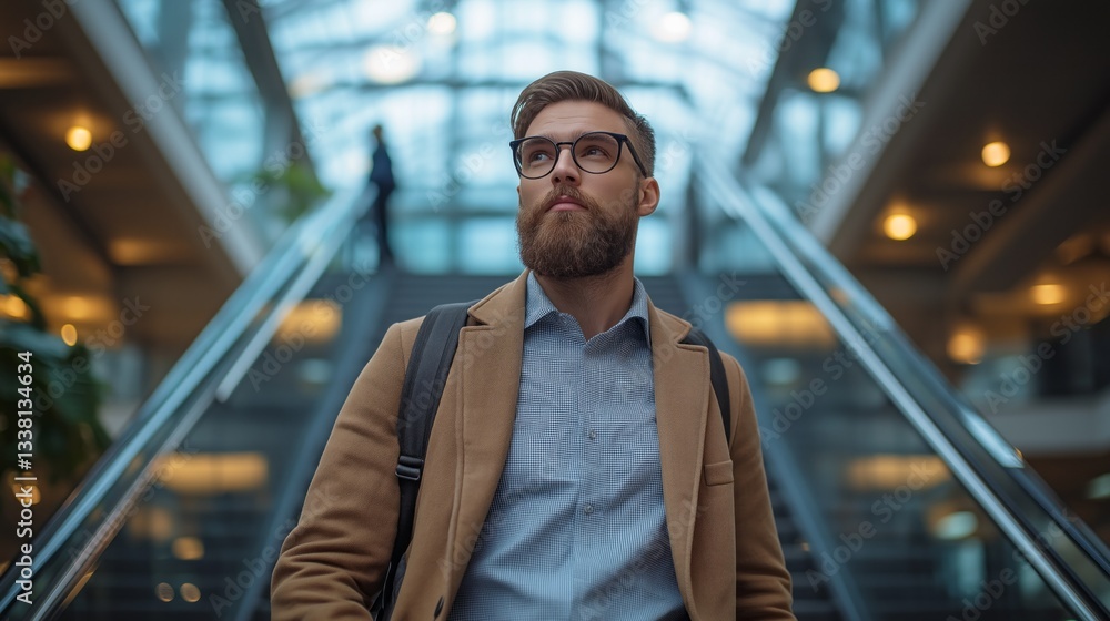 Poster a well-dressed man stands confidently on an escalator, looking upward in a spacious atrium. the stru