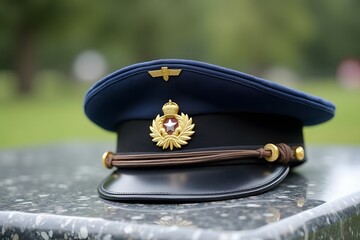 A Union soldier’s cap placed on a marble monument honoring African American soldiers.  