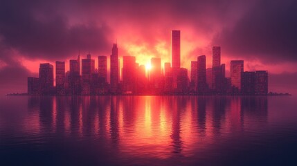 Naklejka premium Fiery Sunset over Cityscape: A Breathtaking Urban Panorama