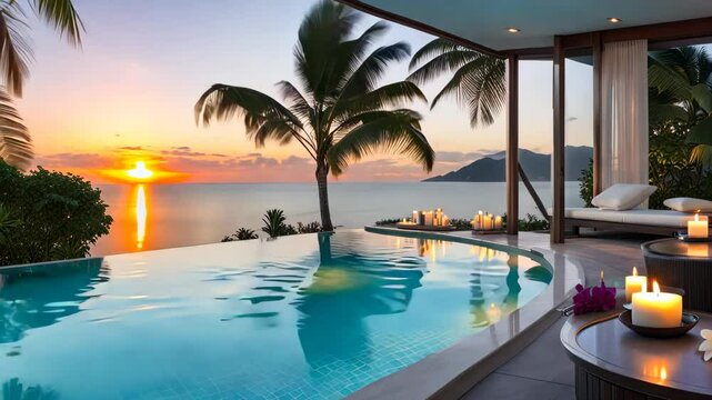 Luxurious spa background in tropical hotel or villa with swimming pool on sunset